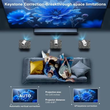 NÖRDIC Mini Portable Projector 4K 1080P Full HD -tuki Android 11 & Netflix – WiFi 6, BT 5.0, 180° kierto, kotiteatteriprojektori