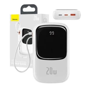 Powerbank Baseus Qpow PRO Lightning-kaapelilla, USB-C-portilla ja USB 20000mAh, 20W (valkoinen)