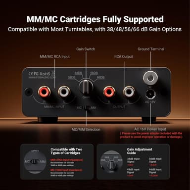Fosi Audio Box X5 Mini Esivahvistin Kotiteatteri MM & MC Neulalle, Aktiiviset Kaiuttimet, 4-tason Säädettävä Gain 38/48/56/66 dB RCA:lla