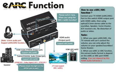 NÖRDIC HDMI Extractor 4K60Hz HDMI - HDMI + optinen Toslink + koaksiaalinen + 3,5 mm ääni + 7,1 CH HDMI Tuki eARC / ARC HDR Dolby ATMOS