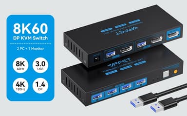 NÖRDIC KVM-kytkin 2–1 DisplayPort–DisplayPort, 8K60Hz/4K120Hz, 4x USB-A