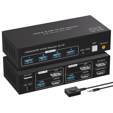 NÖRDIC KVM-kytkin 2–2 DisplayPort & HDMI, 8K60Hz/4K120Hz, 4x USB-A