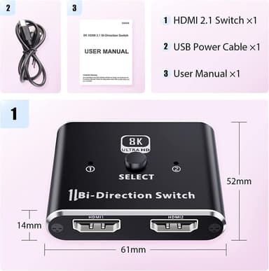 NÖRDIC 8K60Hz HDMI-kytkin 2-1 ja jakaja 1-2 4K120Hz 48Gbps