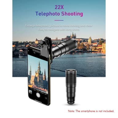 APEXEL 6-in-1 Puhelinlinssisarja – 22X teleobjektiivi, 205° kalansilmälinssi, 120° laajakulmalinssi & 25X makrolinssi