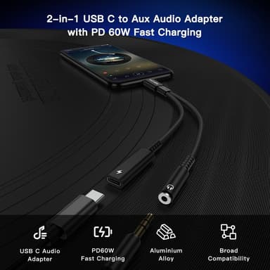 NÖRDIC 2 in 1 USB C - 3,5 mm kuulokesovitin 60 W latauksella
