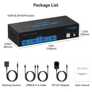 NÖRDIC KVM-kytkin 2–2 DisplayPort & HDMI, 8K60Hz/4K120Hz, 4x USB-A