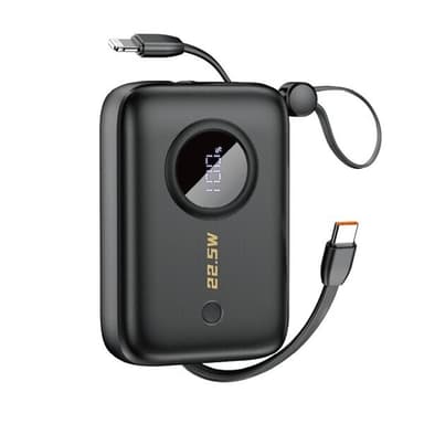 Powerbank 10000mAh USB-C ja Lightning-kaapelilla varustettuna