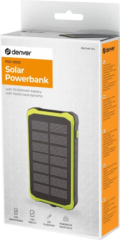 Denver 10000 mAh varavirtalähde aurinkopaneelilla ja käsikammella