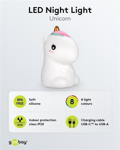 Goobay LED-yövalo ""Unicorn"" lämmin valkoinen valo ja 7 värinvaihtoa (RGB-valo), 3 valotilaa, kosketusanturi ja Li-ion-akku (3,7 V/1200 mAh), valmistettu pehmeästä silikonista