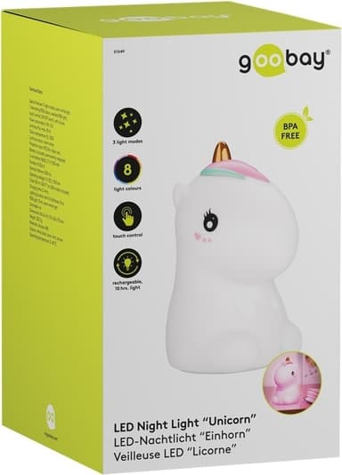 Goobay LED-yövalo ""Unicorn"" lämmin valkoinen valo ja 7 värinvaihtoa (RGB-valo), 3 valotilaa, kosketusanturi ja Li-ion-akku (3,7 V/1200 mAh), valmistettu pehmeästä silikonista
