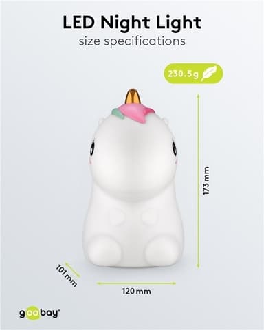 Goobay LED-yövalo ""Unicorn"" lämmin valkoinen valo ja 7 värinvaihtoa (RGB-valo), 3 valotilaa, kosketusanturi ja Li-ion-akku (3,7 V/1200 mAh), valmistettu pehmeästä silikonista
