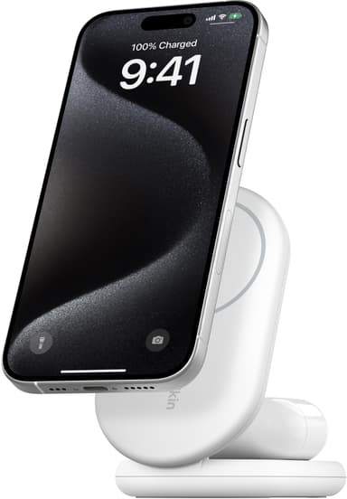 Belkin BoostCharge 2-in-1 15 W Qi2 magneettinen laturi (valkoinen)