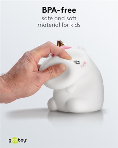 Goobay LED-yövalo ""Unicorn"" lämmin valkoinen valo ja 7 värinvaihtoa (RGB-valo), 3 valotilaa, kosketusanturi ja Li-ion-akku (3,7 V/1200 mAh), valmistettu pehmeästä silikonista