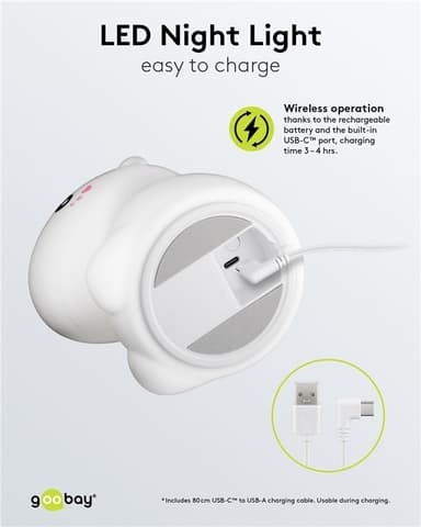 Goobay LED-yövalo ""Unicorn"" lämmin valkoinen valo ja 7 värinvaihtoa (RGB-valo), 3 valotilaa, kosketusanturi ja Li-ion-akku (3,7 V/1200 mAh), valmistettu pehmeästä silikonista