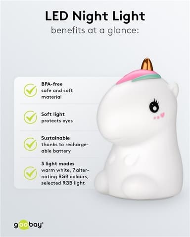 Goobay LED-yövalo ""Unicorn"" lämmin valkoinen valo ja 7 värinvaihtoa (RGB-valo), 3 valotilaa, kosketusanturi ja Li-ion-akku (3,7 V/1200 mAh), valmistettu pehmeästä silikonista