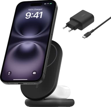 Belkin BoostCharge 2-in-1 15 W Qi2 magneettinen laturi (musta)