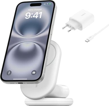 Belkin BoostCharge 2-in-1 15 W Qi2 magneettinen laturi (valkoinen)
