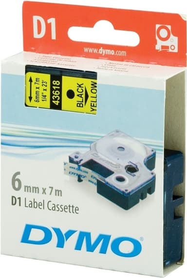 DYMO D1 merkkausteippi, 6mm, keltainen/musta teksti, 7m
