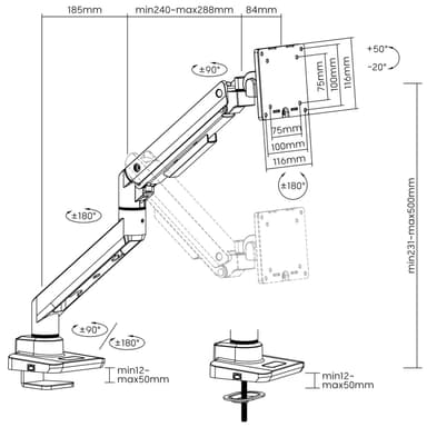 LogiLink Monitorarm 17-49"" gasfjäder max 20kg