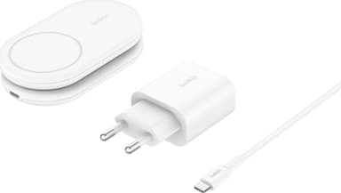 Belkin BoostCharge 2-in-1 15 W Qi2 magneettinen laturi (valkoinen)
