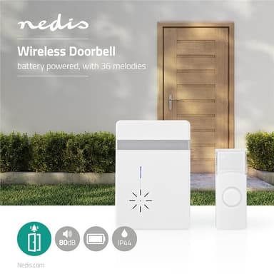 Nedis Langaton Ovikellosarja | Paristokäyttöinen | 3 V DC | 1x CR2032 | Äänenvoimakkuus: 80 dB | Signaalin kantama: 300 m | IP44 | 36 Melodiaa | 1 Vastaanotin | Valkoinen