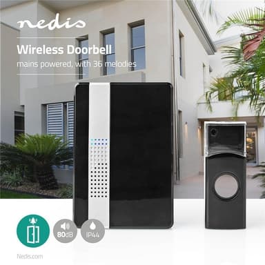Nedis Langaton Ovikellosarja | Verkkovirtakäyttöinen | 220 - 240 V AC 50 Hz | 1x CR2032 | Äänenvoimakkuus: 80 dB | Signaalin kantama: 300 m | IP44 | Säädettävä äänenvoimakkuus | 36 Melodiaa | 1 Vastaanotin | Musta