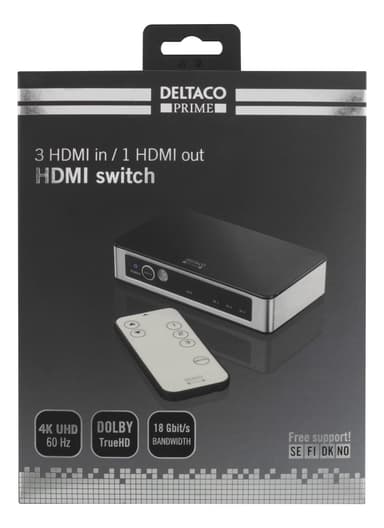 3-porttinen HDMI-kytkin, premium, kaukosäädin, Ultra HD 60Hz, musta