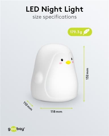 Goobay LED-nattlampa ""Pingvin"" varmvitt ljus och 7 färgskiftningar (RGB-ljus), med 3 ljuslägen, beröringssensor och Li-ion-batteri (3,7 V/1200 mAh), tillverkat av mjukt silikon