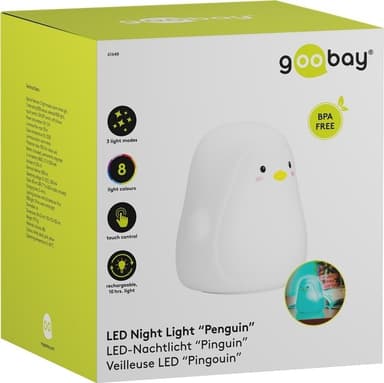 Goobay LED-nattlampa ""Pingvin"" varmvitt ljus och 7 färgskiftningar (RGB-ljus), med 3 ljuslägen, beröringssensor och Li-ion-batteri (3,7 V/1200 mAh), tillverkat av mjukt silikon