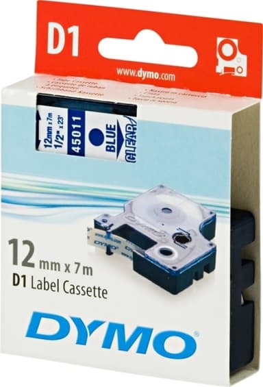DYMO D1 merkkausteippi, 12mm, läpinäkyvä/sininen teksti, 7m - 45011