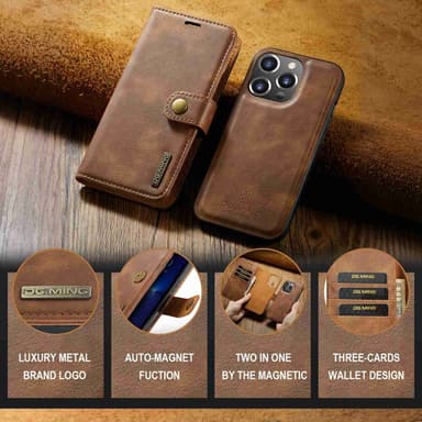 DG MING iPhone 15 Pro 2-in-1 magneetti lompakkokotelo - Ruskea