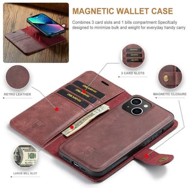 DG MING iPhone 14 Plus 2-in-1 magneetti lompakkokotelo - Punainen