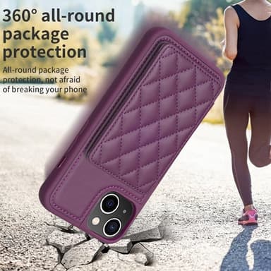 SKALO iPhone 15 Tikattu Suojakuori Lompakolla - Tumman violetti