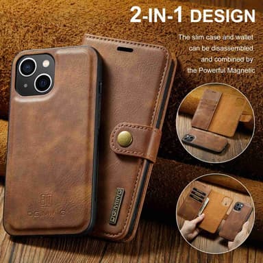 DG MING iPhone 15 2-in-1 magneetti lompakkokotelo - Ruskea