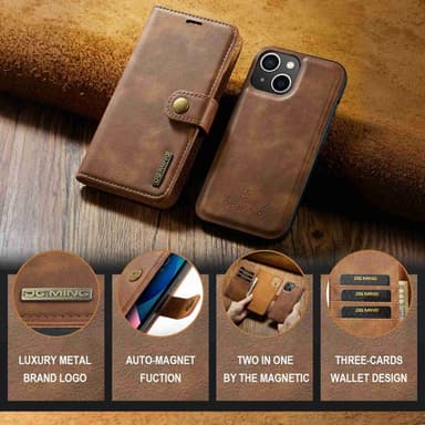 DG MING iPhone 15 2-in-1 magneetti lompakkokotelo - Ruskea