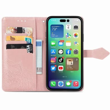 SKALO iPhone 14 Mandala lompakkokotelo - Ruusukulta