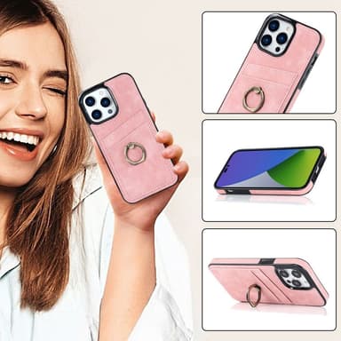 SKALO iPhone 14 Pro Max PU-nahkainen kortinhaltijan rengas - Pinkki