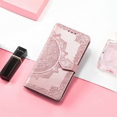 SKALO iPhone 14 Mandala lompakkokotelo - Ruusukulta