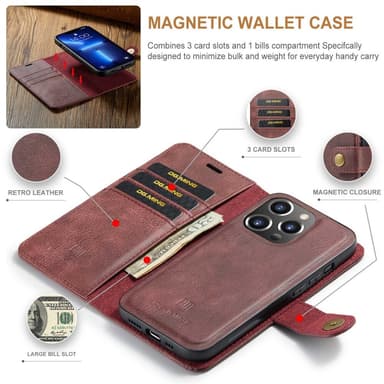 DG MING iPhone 14 Pro 2-in-1 magneetti lompakkokotelo - Punainen