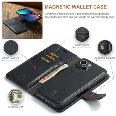 DG MING iPhone 14 2-in-1 magneetti lompakkokotelo - Musta