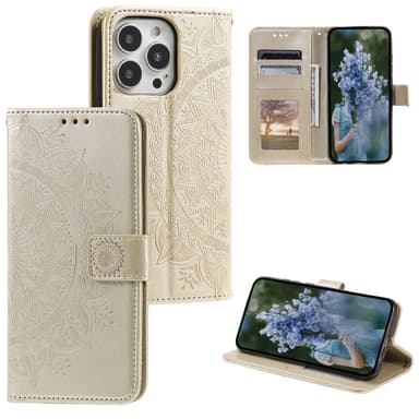 SKALO iPhone 15 Pro Mandala lompakkokotelo - Kulta