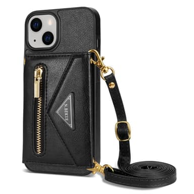 SKALO iPhone 15 PU-nahkainen Suojakuori Lompakolla - Musta