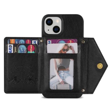 SKALO iPhone 15 PU-nahkainen Suojakuori Lompakolla - Musta