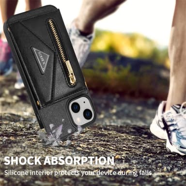 SKALO iPhone 15 PU-nahkainen Suojakuori Lompakolla - Musta