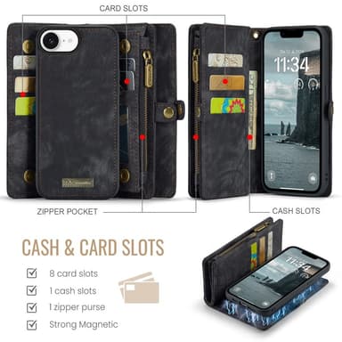 CaseMe iPhone 16e 008 BIg Wallet 2in1 Magnet Lompakkokotelo - Musta