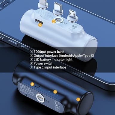 3000mAh virtapankki, jossa 3 magneettista sovitinta