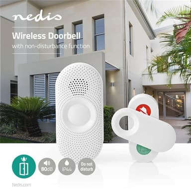 Nedis Langaton Ovikellosarja | Verkkovirtakäyttöinen | 220 - 240 V AC 50 Hz | 1x CR2032 | Äänenvoimakkuus: 80 dB | Signaalin kantama: 300 m | IP44 | Säädettävä äänenvoimakkuus | 36 Melodiaa | 1 Vastaanotin | Harmaa / Valkoinen