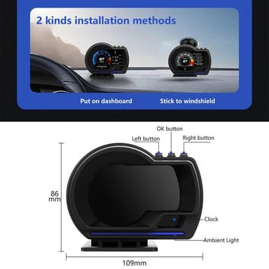 Auton HUD-nopeusmittari OBD2+GPS-mittari ylinopeudella, RPM-hälytys