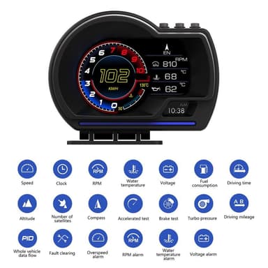 Auton HUD-nopeusmittari OBD2+GPS-mittari ylinopeudella, RPM-hälytys