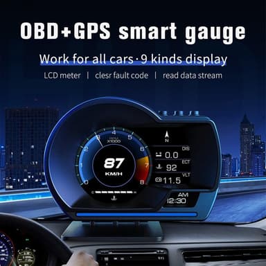 Auton HUD-nopeusmittari OBD2+GPS-mittari ylinopeudella, RPM-hälytys